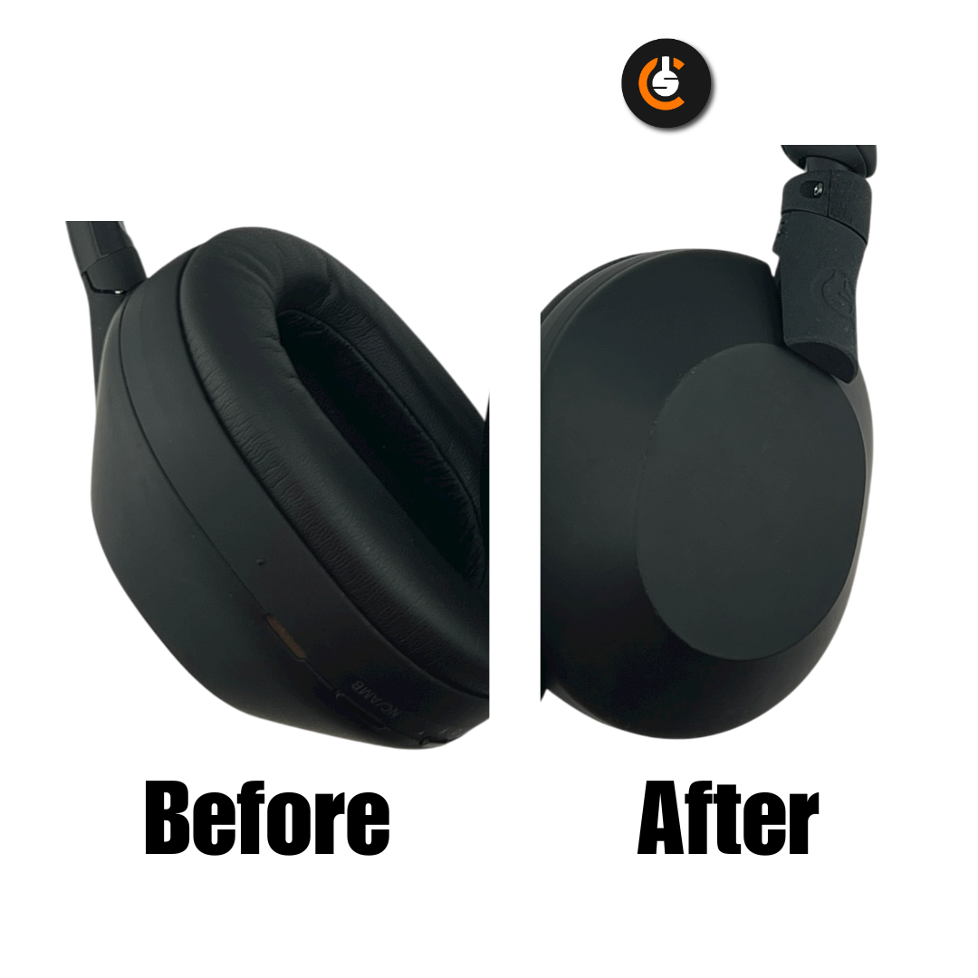 Headphone ear cups shown side by side, labeled "Before" and "After" restoration.
