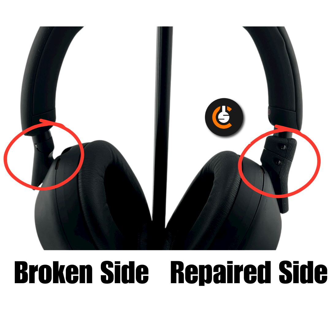 Headphones showing a broken side contrasted with a repaired side, highlighting differences.