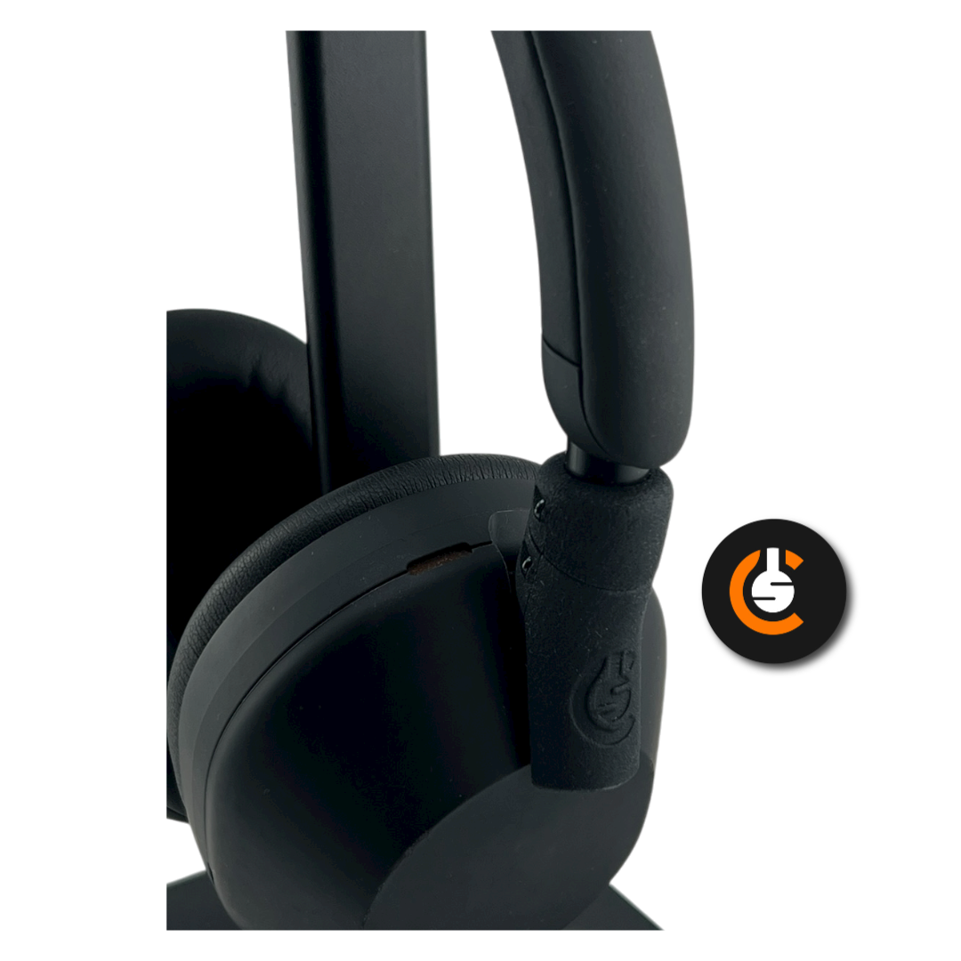 Black over-ear headphones with a padded headband and logo on the side.