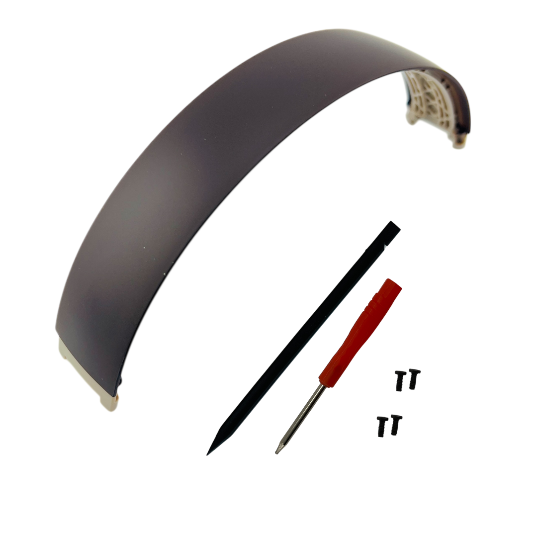 Black curved visor with a red screwdriver, black prying tool, and two screws beside it.