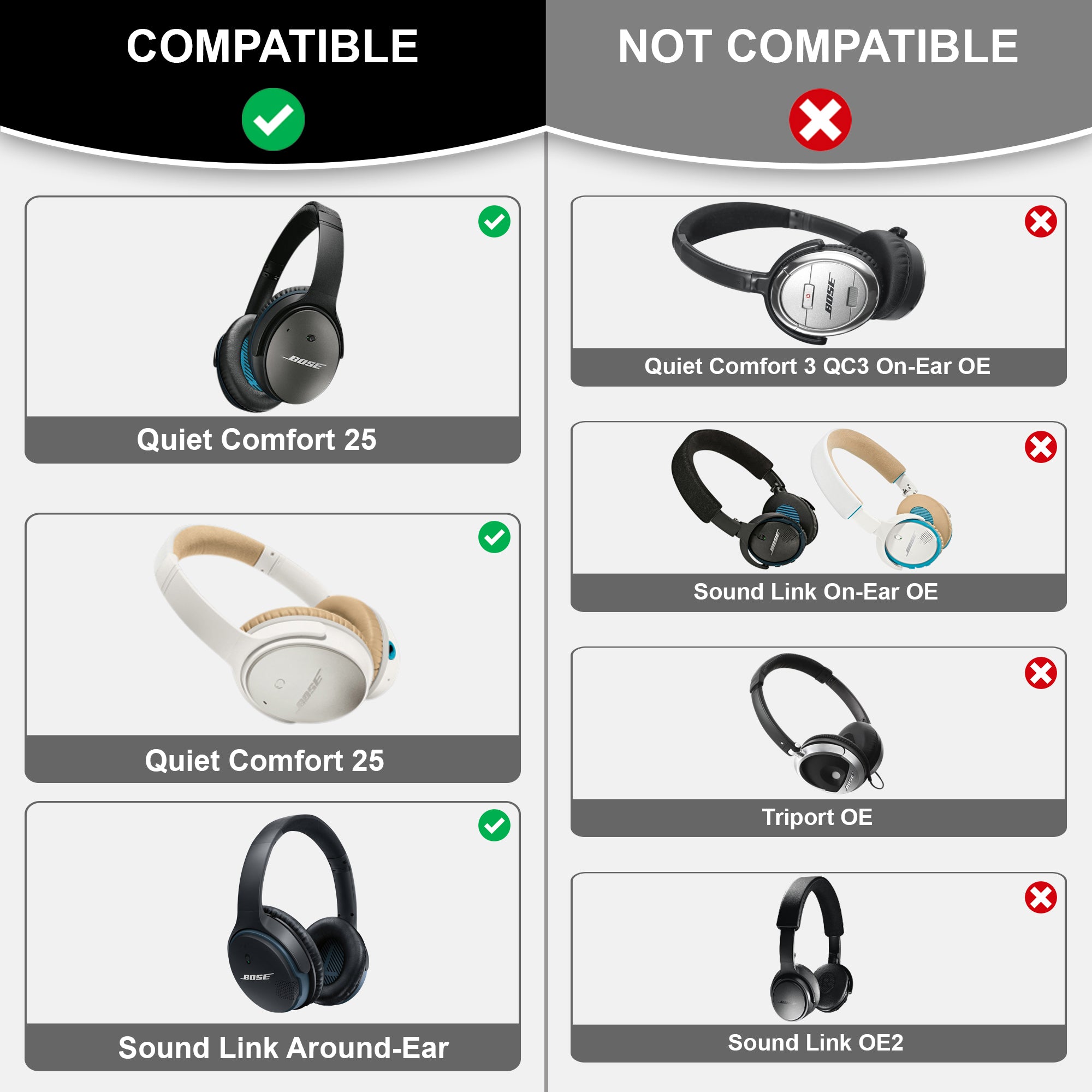 Premium Replacement Ear Pad Cushions for Bose QuietComfort 25 QC25 Headphones - CentralSound