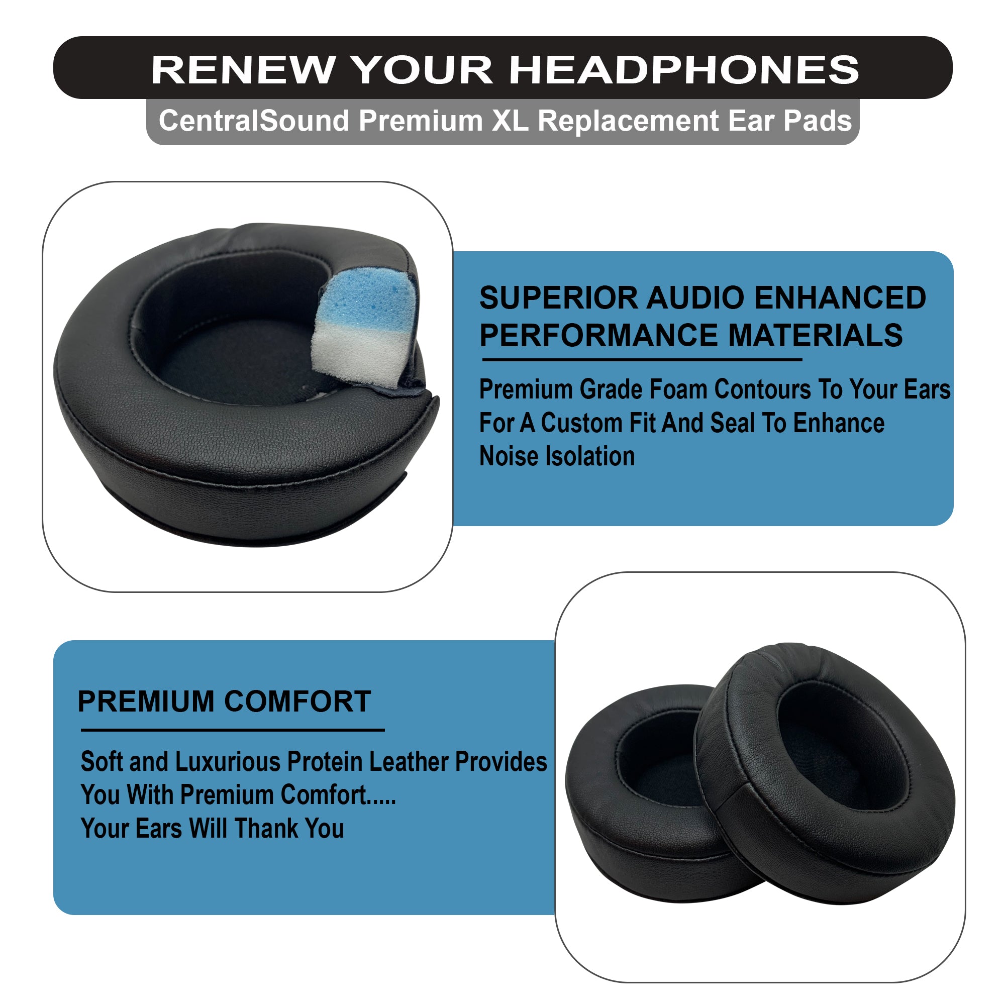 CentralSound Premium Replacement Ear Pad Cushions Round 100mm Soft Protein Leather Memory Foam - CentralSound