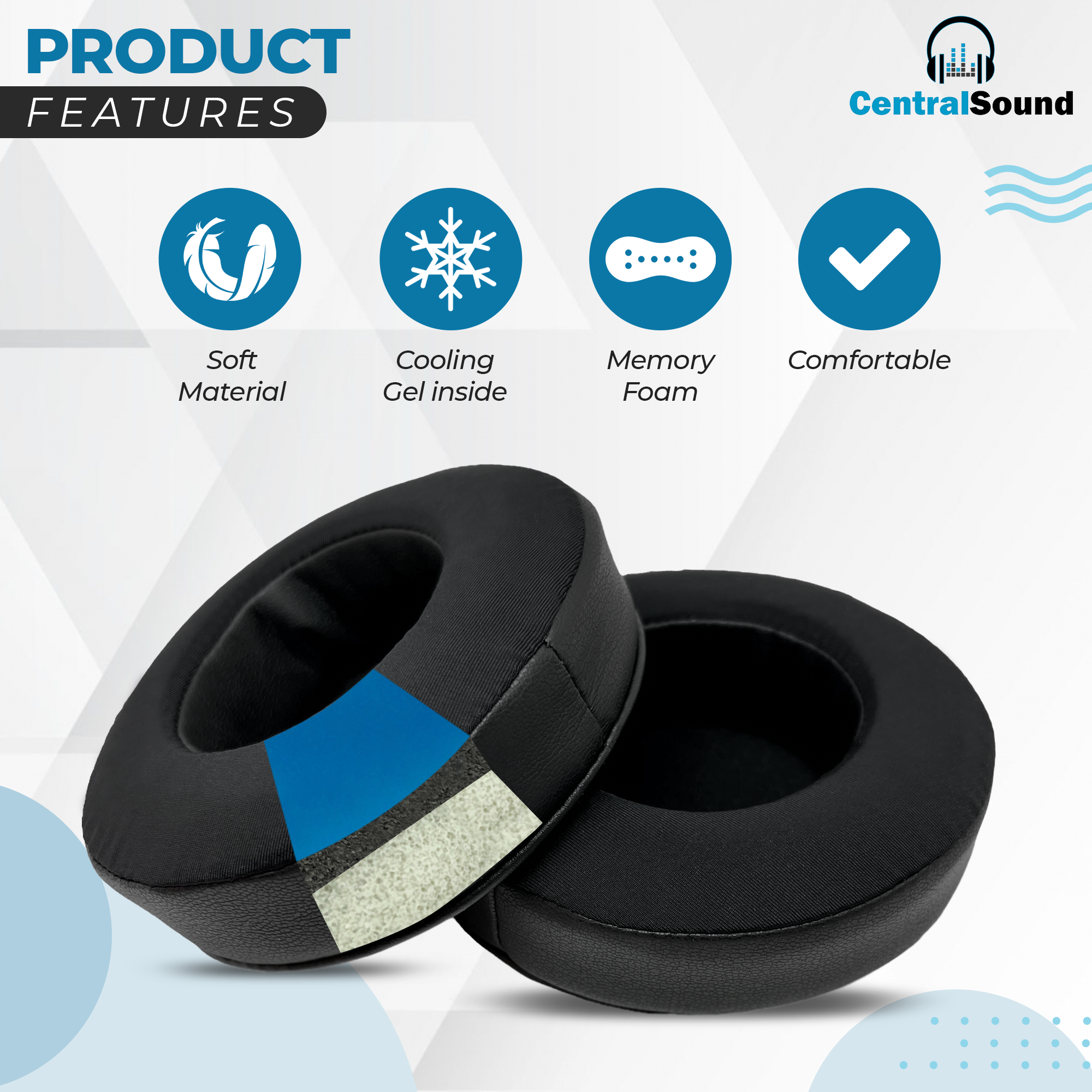 CentralSound Cooling Gel + Memory Foam Premium Replacement Ear Pad Cushions Universal Round 100mm - CentralSound