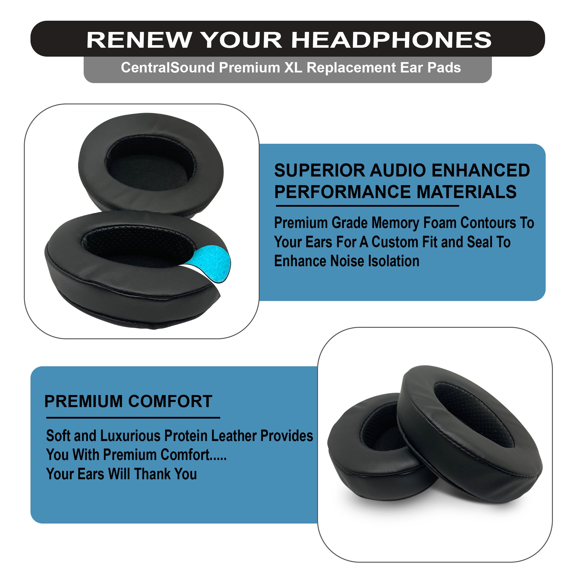 CentralSound Premium XL Upgraded Memory Foam Ear Pad Cushions for Sony MDR 7506 MDR-CD900CST MDR-V6 MDR1A Headphones - CentralSound