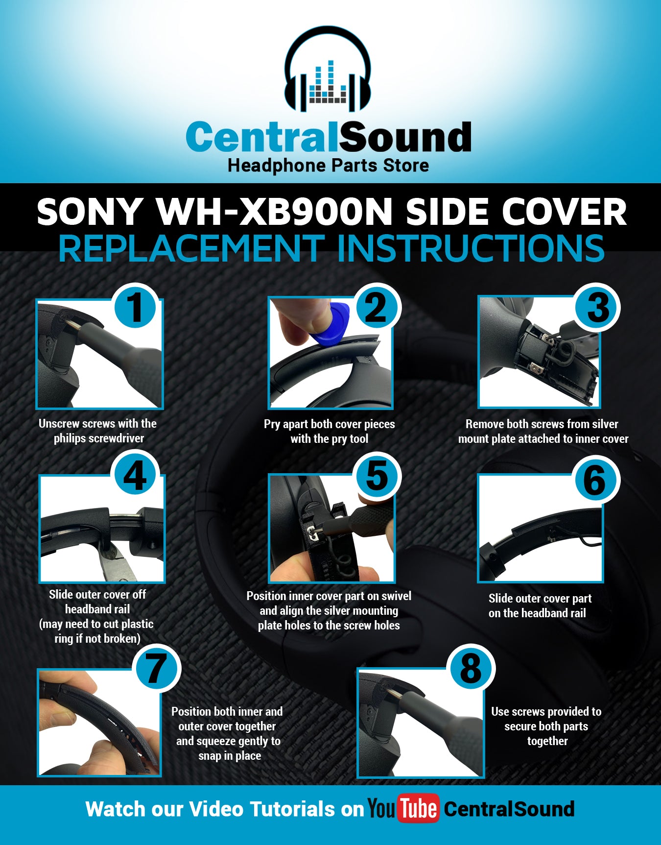 Replacement Side Cover Slider Parts UPGRADE KIT for Sony WH-XB900N WHXB900N - CentralSound