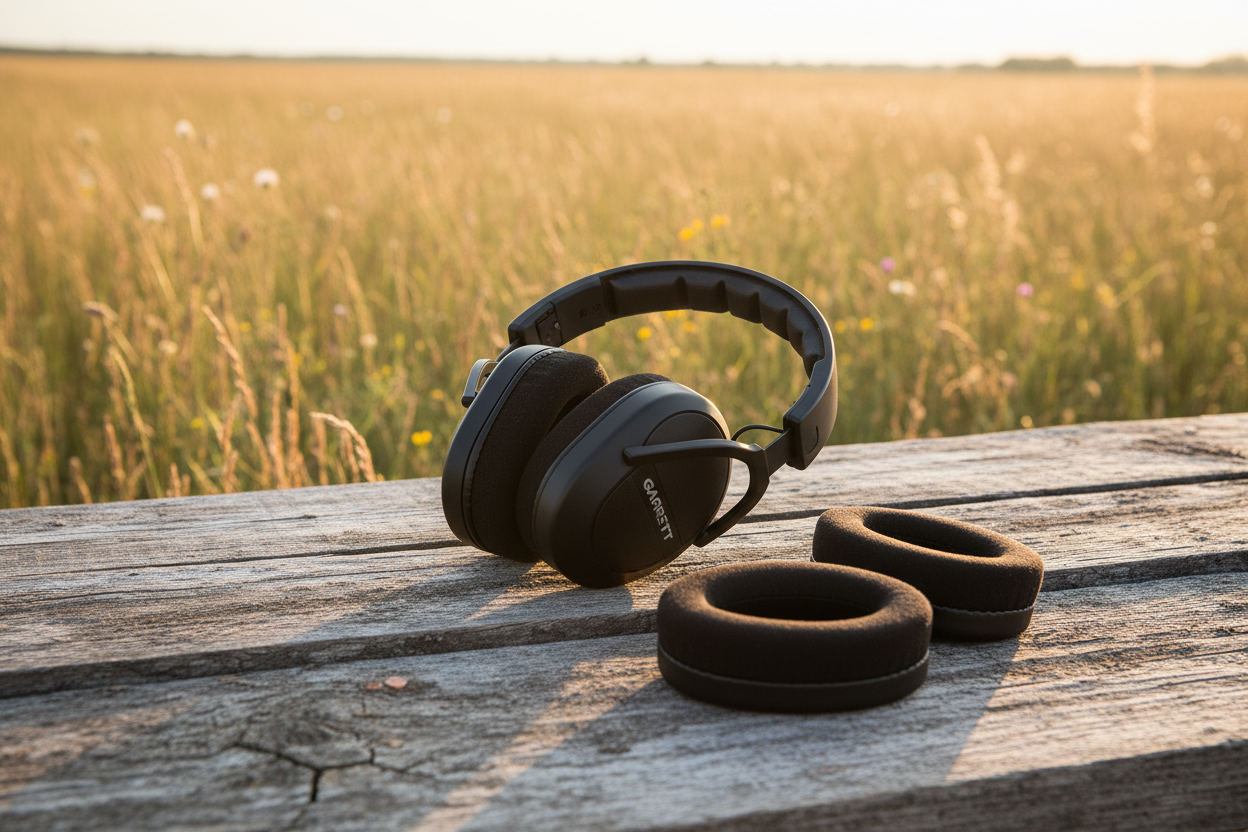 Garrett Z-Lynk MS-2 metal detecting headset with replacement ear pad cushions in an outdoor field setting