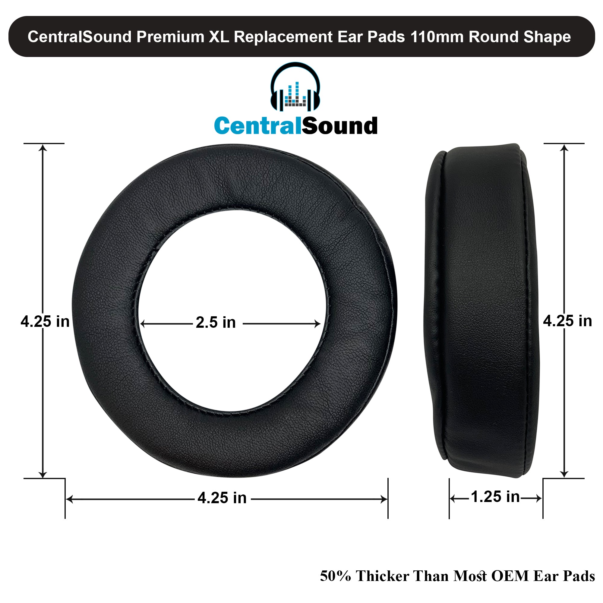 CentralSound Premium Replacement Ear Pad Cushions Round 110mm Soft Protein Leather Memory Foam - CentralSound